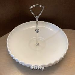 Rare Vintage Fenton Hobnail Milk Glass Large Serving Dish WithSilver Middle Handle