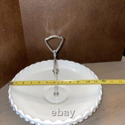 Rare Vintage Fenton Hobnail Milk Glass Large Serving Dish WithSilver Middle Handle