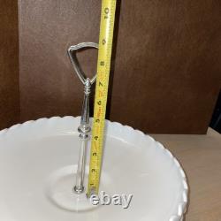 Rare Vintage Fenton Hobnail Milk Glass Large Serving Dish WithSilver Middle Handle