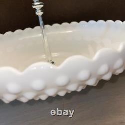 Rare Vintage Fenton Hobnail Milk Glass Large Serving Dish WithSilver Middle Handle