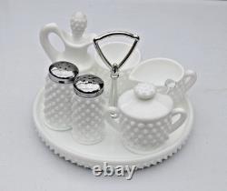 Rare Vintage Fenton Hobnail White Milk Glass 10-Pc Condiment Set on Round Tray
