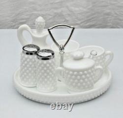 Rare Vintage Fenton Hobnail White Milk Glass 10-Pc Condiment Set on Round Tray