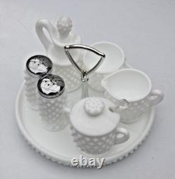 Rare Vintage Fenton Hobnail White Milk Glass 10-Pc Condiment Set on Round Tray