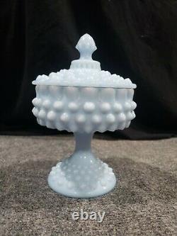 Rare Vintage Fenton Powder/baby blue milk glass Hobnail Footed Covered Compote