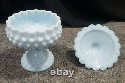 Rare Vintage Fenton Powder/baby blue milk glass Hobnail Footed Covered Compote