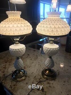 Rare Vintage GWTW White Milk Glass & Brass Hurricane Lamps-Set Of 2