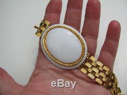 Rare Vintage Huge Cabochon White Milk Glass Stones Enamel Gate Link Chain Belt