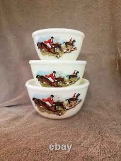 Rare Vintage Pyrex- HTF JAJ England Tally Ho Hunting Scene Complete 3 Bowl Set