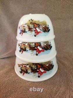 Rare Vintage Pyrex- HTF JAJ England Tally Ho Hunting Scene Complete 3 Bowl Set