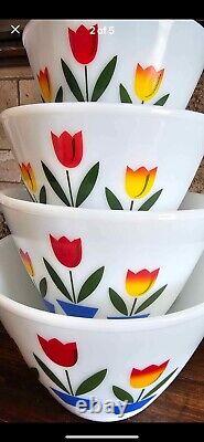Rare Vtg Fire King Tulips Nesting Bowls Set Of Four (4)