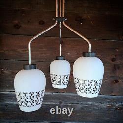 Rare vintage LIDOKOV mid modern opaline milk glass pendant ceiling light chrome