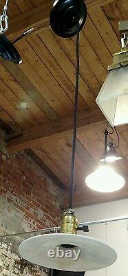 Reclaimed Vintage Industrial Hang Light with Flat Lamp Shade Milk Glass #2
