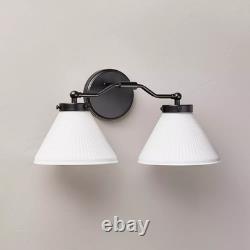 Reeded Milk Glass 2-Bulb Vanity Wall Sconce Black Finish Hearth & HandT