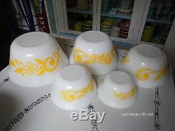 Retro Yellow Polka Dot Flowers & Scrolls Federal Milk Glass Mixing Bowl Set of 5