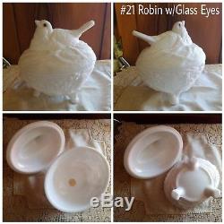 Robin with Glass Eyes Antique/Vintage Milk Glass Covered Dish