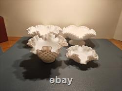 Ruffled Fenton Hobnail Milk Glass candy dishes Vintage glassware lot of 5