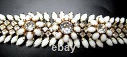 SCHREINER Signed White Milk Glass Rhinestone Flower Vintage Bracelet