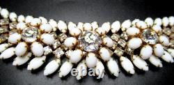 SCHREINER Signed White Milk Glass Rhinestone Flower Vintage Bracelet