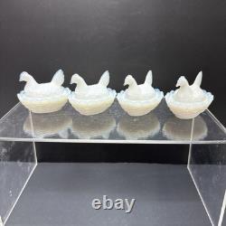 SET 4 VTG DEGENHART White Opalescent Milk Glass CHICK HEN ON NEST Salt Cellar