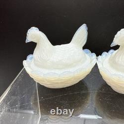 SET 4 VTG DEGENHART White Opalescent Milk Glass CHICK HEN ON NEST Salt Cellar