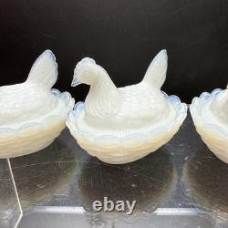 SET 4 VTG DEGENHART White Opalescent Milk Glass CHICK HEN ON NEST Salt Cellar