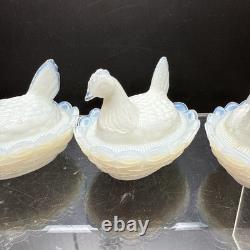 SET 4 VTG DEGENHART White Opalescent Milk Glass CHICK HEN ON NEST Salt Cellar