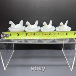 SET 4 VTG DEGENHART White Opalescent Milk Glass CHICK HEN ON NEST Salt Cellar