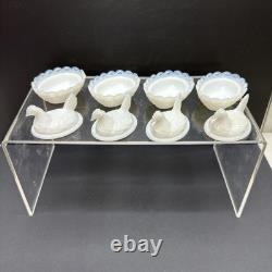 SET 4 VTG DEGENHART White Opalescent Milk Glass CHICK HEN ON NEST Salt Cellar