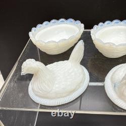 SET 4 VTG DEGENHART White Opalescent Milk Glass CHICK HEN ON NEST Salt Cellar