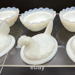 SET 4 VTG DEGENHART White Opalescent Milk Glass CHICK HEN ON NEST Salt Cellar