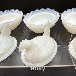 SET 4 VTG DEGENHART White Opalescent Milk Glass CHICK HEN ON NEST Salt Cellar