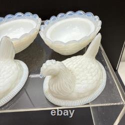 SET 4 VTG DEGENHART White Opalescent Milk Glass CHICK HEN ON NEST Salt Cellar