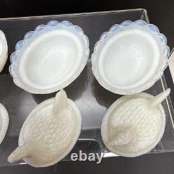 SET 4 VTG DEGENHART White Opalescent Milk Glass CHICK HEN ON NEST Salt Cellar