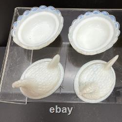 SET 4 VTG DEGENHART White Opalescent Milk Glass CHICK HEN ON NEST Salt Cellar