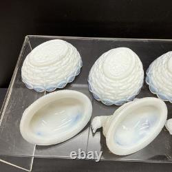SET 4 VTG DEGENHART White Opalescent Milk Glass CHICK HEN ON NEST Salt Cellar
