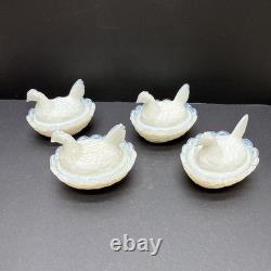 SET 4 VTG DEGENHART White Opalescent Milk Glass CHICK HEN ON NEST Salt Cellar