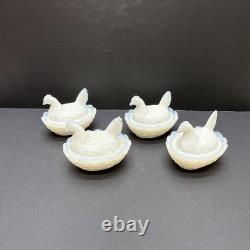 SET 4 VTG DEGENHART White Opalescent Milk Glass CHICK HEN ON NEST Salt Cellar