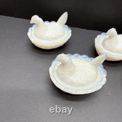 SET 4 VTG DEGENHART White Opalescent Milk Glass CHICK HEN ON NEST Salt Cellar