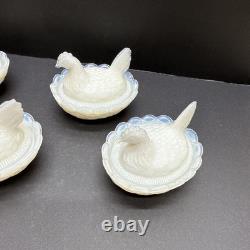 SET 4 VTG DEGENHART White Opalescent Milk Glass CHICK HEN ON NEST Salt Cellar
