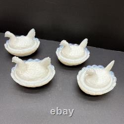 SET 4 VTG DEGENHART White Opalescent Milk Glass CHICK HEN ON NEST Salt Cellar