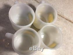 SET of 4 Vintage Glasbake Glassbake Lemons Mug/Cup Milk Glass STACKABLE USA