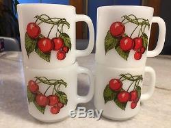 SET of 4Vintage Glasbake Glassbake Cherry/Cherries Mug/Cup Milk Glass STACKABLE