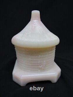 SIGNED BERNARD BOYD Custard Slag Glass Swirl Bee Hive Covered Dish