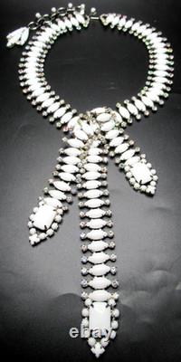 SORRELL ORIGINALS White MIlk Glass Rhinestone Tassel Statement Necklace