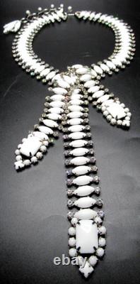 SORRELL ORIGINALS White MIlk Glass Rhinestone Tassel Statement Necklace
