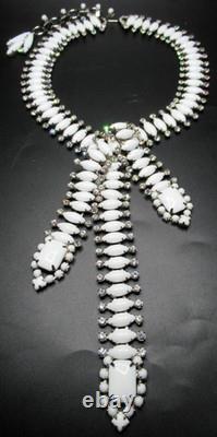 SORRELL ORIGINALS White MIlk Glass Rhinestone Tassel Statement Necklace