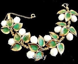 Schiaparelli White Milk Glass Green Enamel Gold Plated Leaf Cluster Bracelet