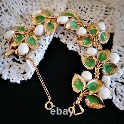 Schiaparelli White Milk Glass Green Enamel Gold Plated Leaf Cluster Bracelet