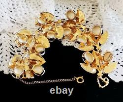 Schiaparelli White Milk Glass Green Enamel Gold Plated Leaf Cluster Bracelet