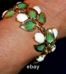 Schiaparelli White Milk Glass Green Enamel Gold Plated Leaf Cluster Bracelet